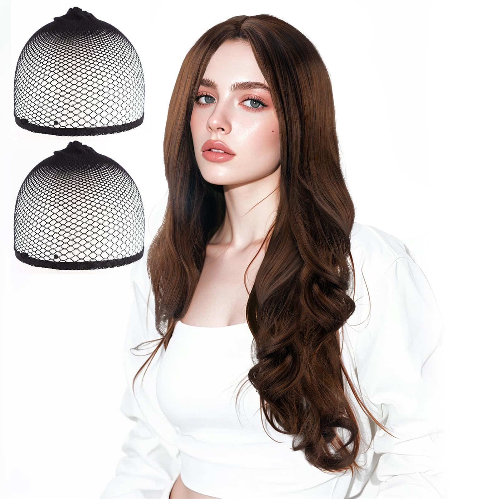SSKHE Natural Brown Wigs for Women Synthetic Wig for Daily Use Curly Ladies Wigs With 2 Hairnets, light brown, 68 cm