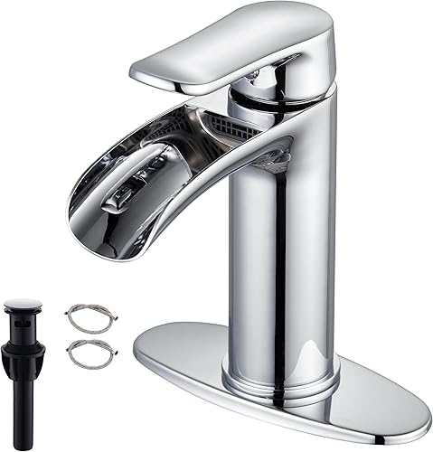 Grifo de baño de cascada cromado, grifos de baño de un solo orificio de 4 pulgadas Grifo de tocador moderno de latón macizo de una sola manija para