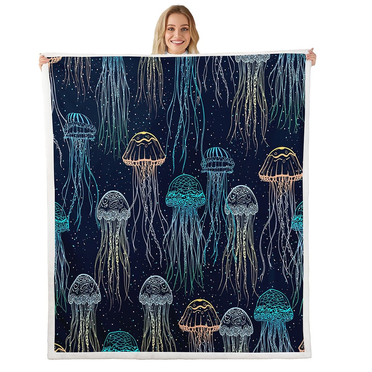 Feelyou Cute Jellyfish Sherpa Blanket Ocean Creature Themed Fleece Throw Blanket Sea Underwater World Warm Plush for Sofa Couch Bed Marine Life