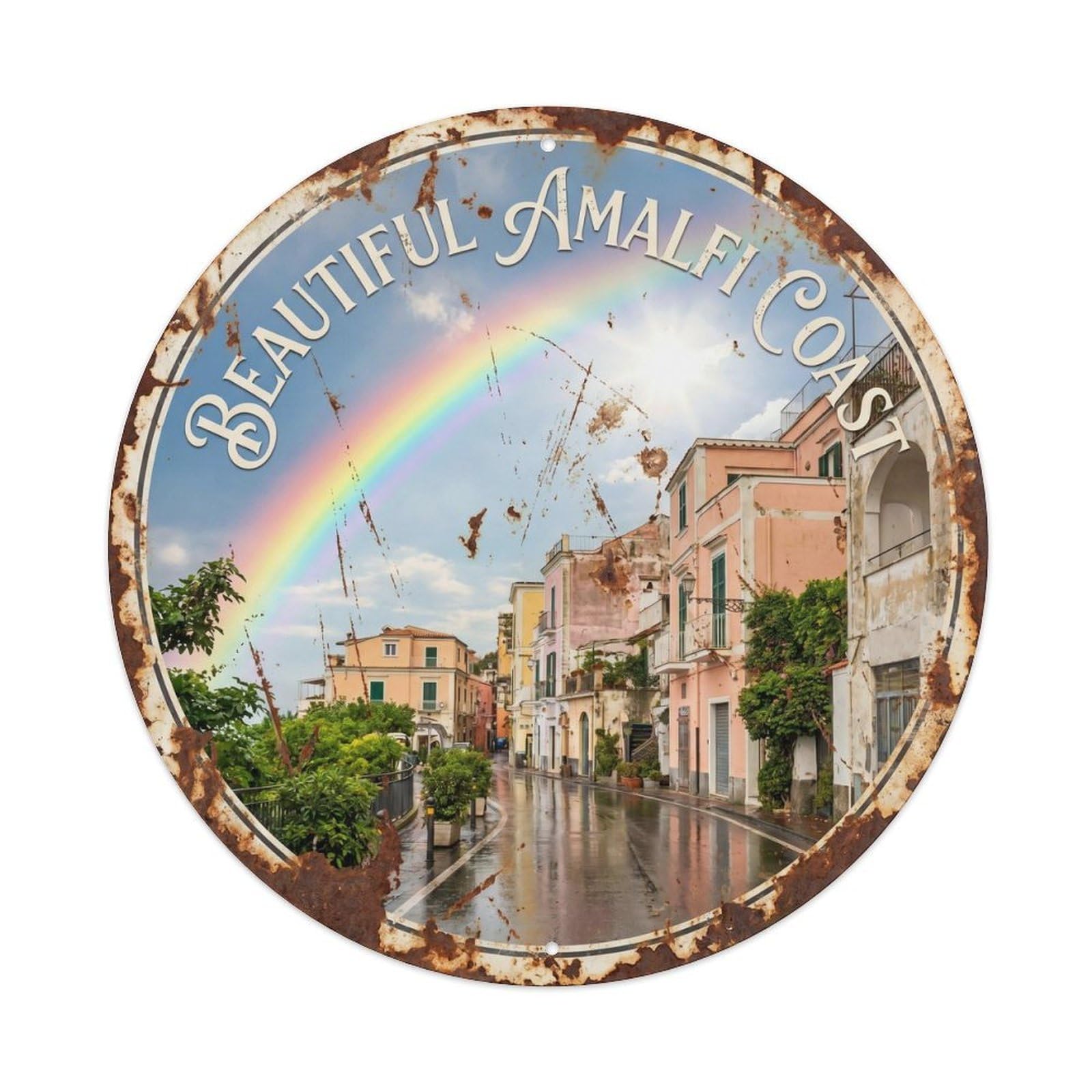 Vintage Travel Amalfi Coastal Rainbow Scenic Metal Tin Sign Plaque Wall Decor for Cafe, Club, Garden Round Metal Poster 8x8Inch