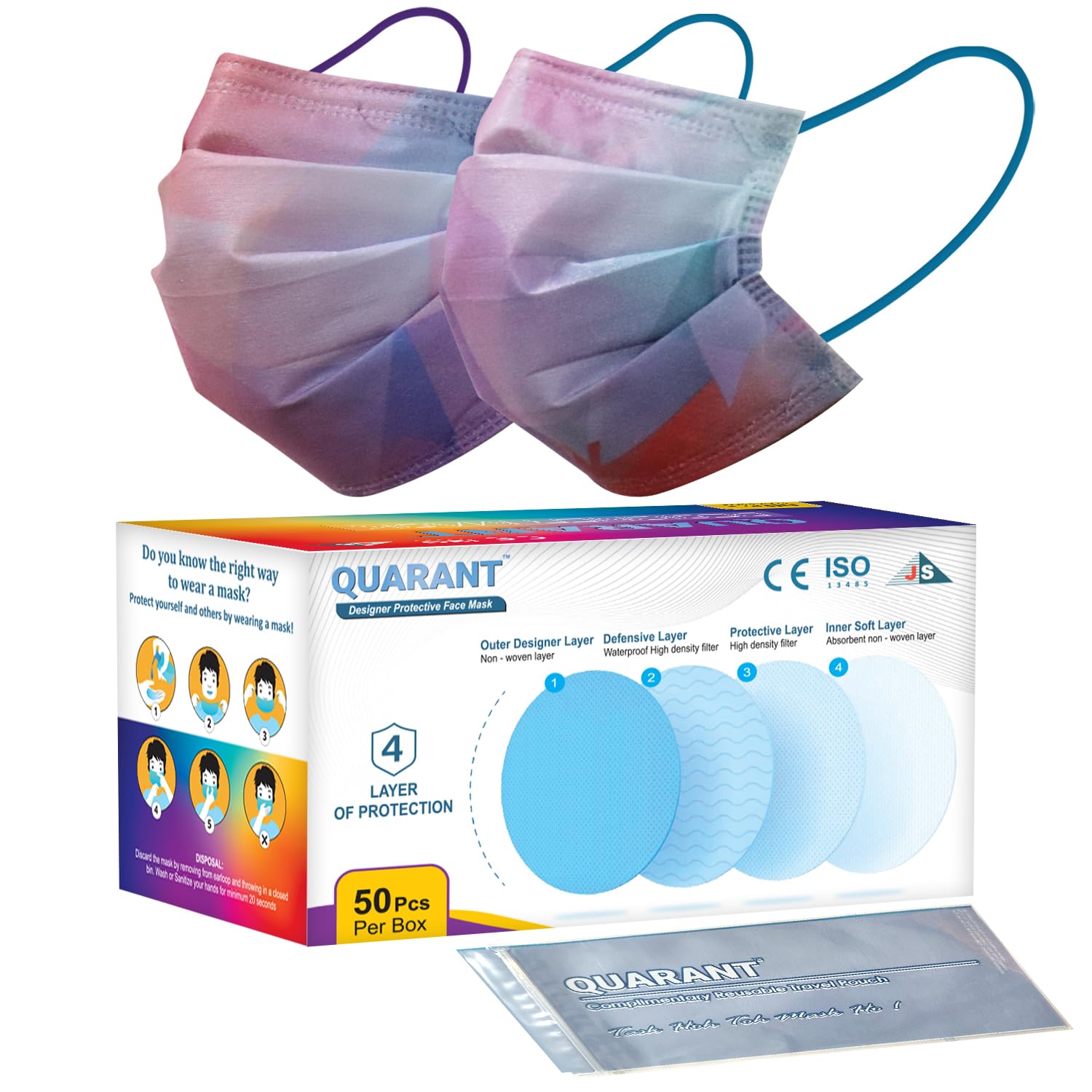 QUARANT Meltblown - Dual SMMS Fabric 4 Ply Designer Protective Face Mask with Nose Clip and Reusable Travel Pouch, Fashion That's Safe (Prism Combo, Pack of 50) for Unisex
