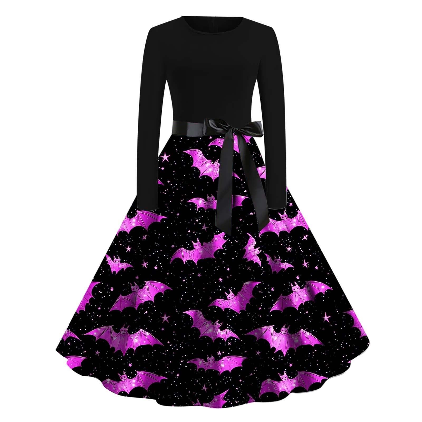 HAOLEI Halloween Costumes Adult Women, Ladies Halloween Dress Retro Pumpkin Skeleton Print Long Sleeve A Line Swing Dress Black Vintage Skull Witch Rockabilly Party Cocktail Novelty Dresses