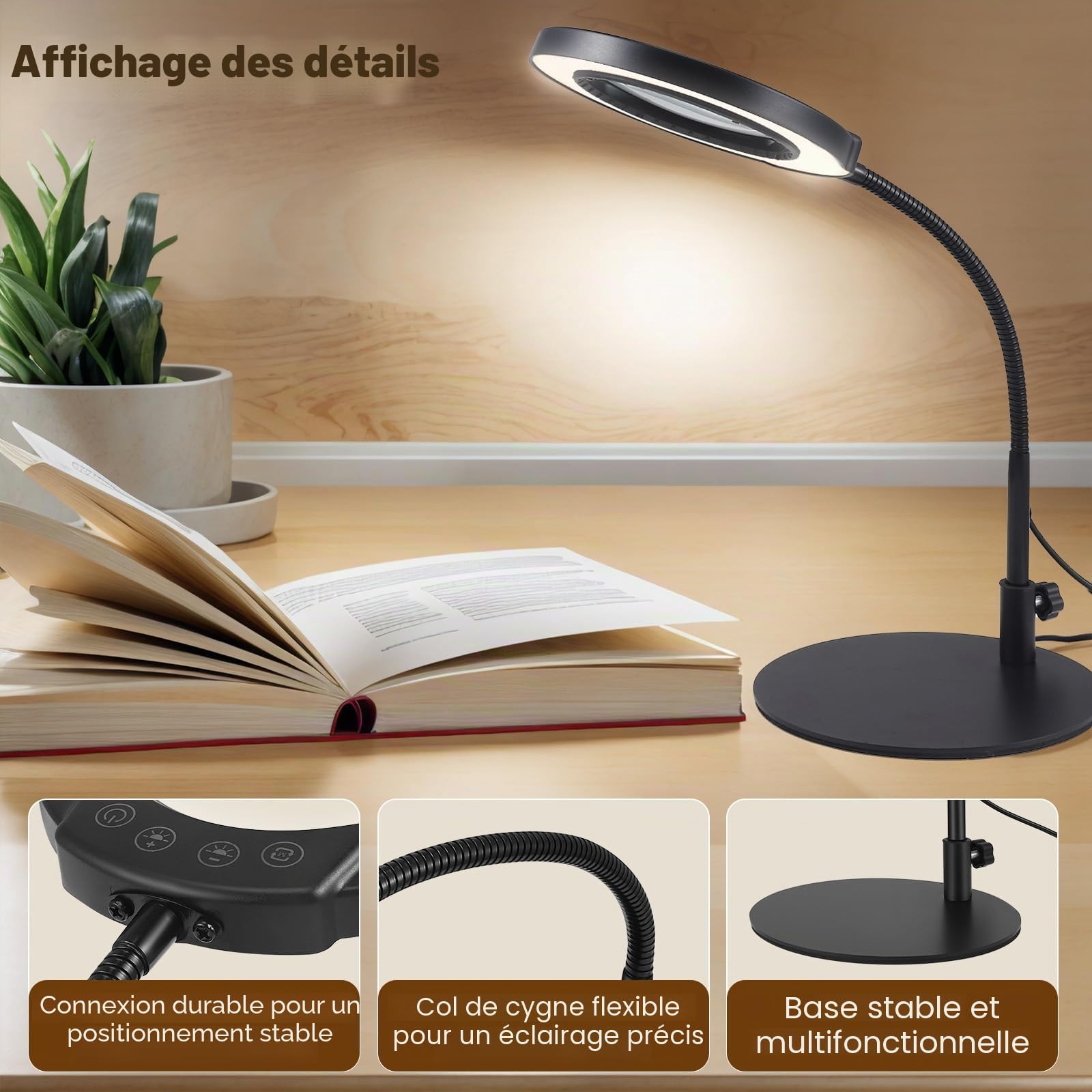Lampe Loupe sur Pied 10x Grossissante Modelisme 360° LED 5 Couleurs Dimmable - Bureau Eclairante pour Lecture, Réparation et Artisanat