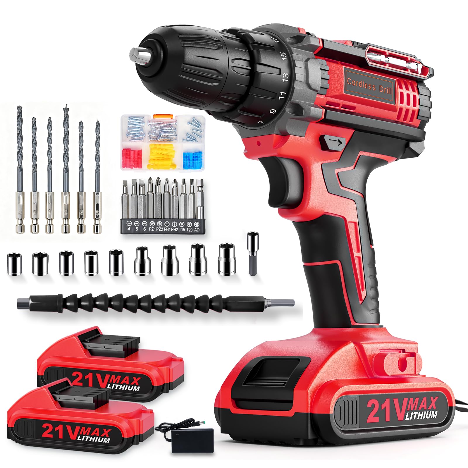 Cordless Drill Set, PowerDrill Driver and Screwdriver Set with 2 Batteries, 10mm Keyless Chuck, 42Nm Max, 25+1 ElectricDrill, Power Combi BatteryDrill Set with 90 Accessories for Home DIY
