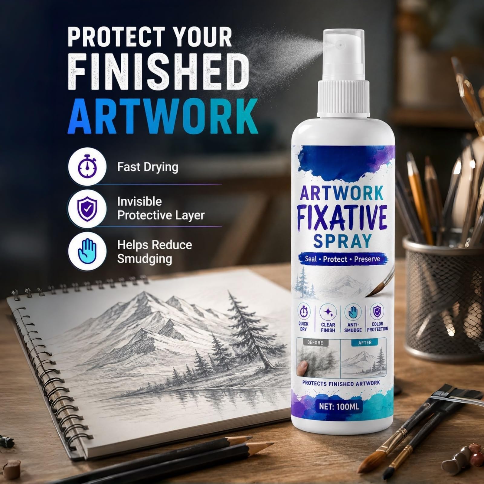 Spray fixatif réalisable pour l'art, fixatif au Pastel à l'huile pour Les Dessins au Fusain et au Crayon, Spray fixateur Anti-Taches, scellant de Finition Mat à séchage Rapide (6pcs)