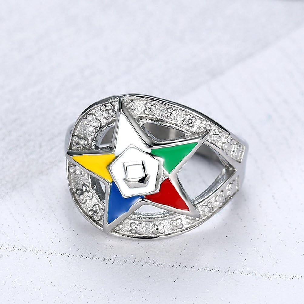 Order of The Eastern Star Ring - Silver Stainless Steel Color Looped Band with OES Symbol. Masonic Rings/OES Jewelry Size (8)