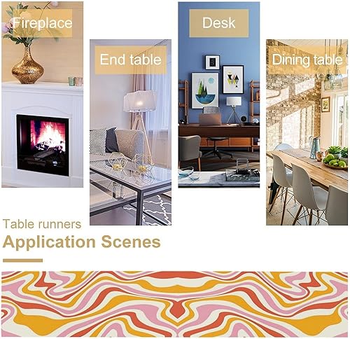 Miniatura 150 de Camino de mesa ondulado de los años 70, retro, hippie abstracto, vintage, verde, rosa, con estampado de ondas para el hogar, cocina, comedor, patio,