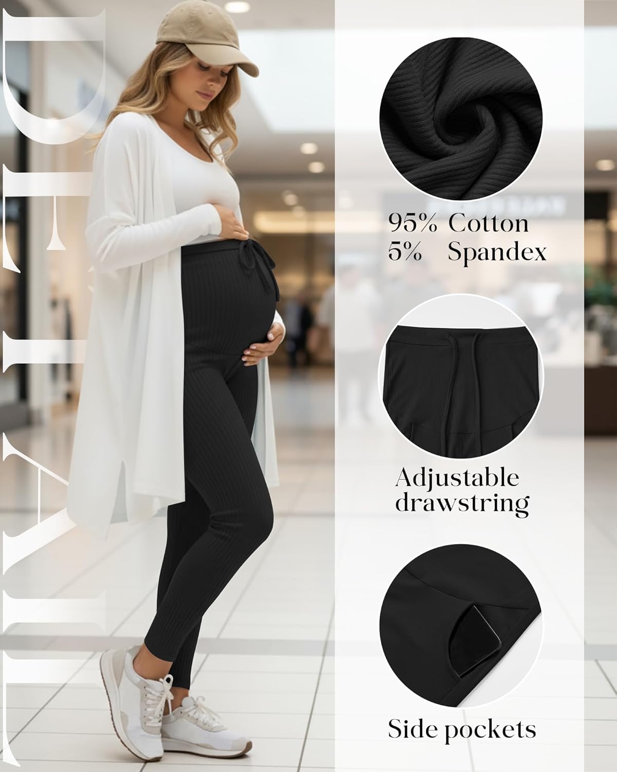 3 Pack Women's Maternity Leggings Cotton Ribbed Pregnancy Pants Drawstring Workout Yoga Active Pants with Pockets - Image 5