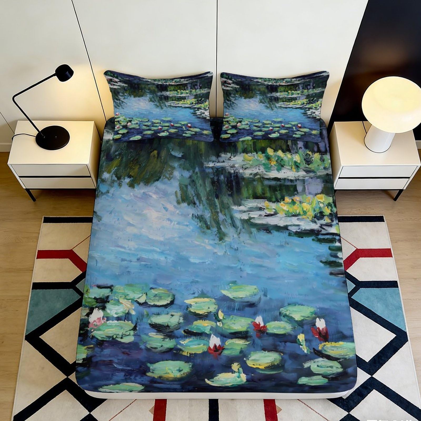 Pnayamiorkfel Style-6 3D Printed Water Lily Pond Fitted Sheet Microfiber Soft Mattress Cover Monet Art Bed Decor Bedroom 90X200x25cm