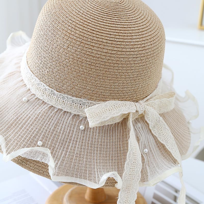Sombrero de Paja de ala Ancha para Mujer,Plegable y Flexible,con Lazo de Tul Perlado,Transpirable,Resistente A Los Rayos UV,para Playa,para Caminar y Viajar