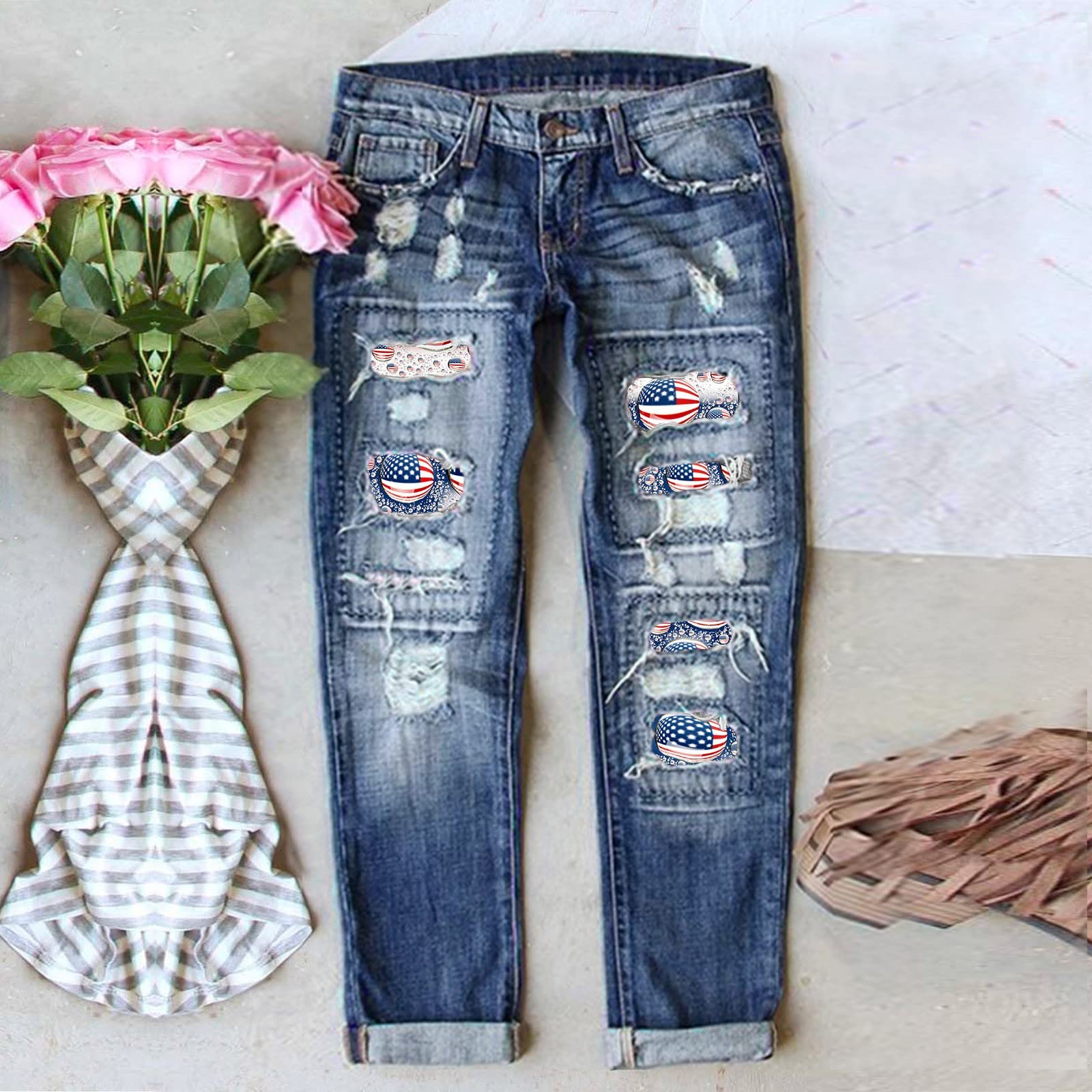 Hosen Für Damen Jeans Independence Day Print Zerrissene Hose Wide Leg High Waist Bauchweg Curvy Bootcut Dunkelblau Baggy Elegant Skinny Leggings 44 Baggy-Jeans Straight Damenhose Weites