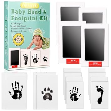 OPASYO 4 Pack Baby Footprint Kit & Dog Paw Print Kit,Inkless Hand and Footprint Kit for Newborns, Pets,Safe Non-Toxic Clean-Touch Ink Pad,12 Keepsake Cards, Washable & Mess-Free Ink Black