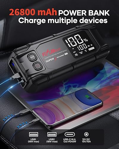 Miniatura 3 de FLYLINKTECH Arrancador de batería de automóvil, 6000 A pico 26800 mAh paquete de batería de arranque (para todo gas o hasta 12L diesel), caja de