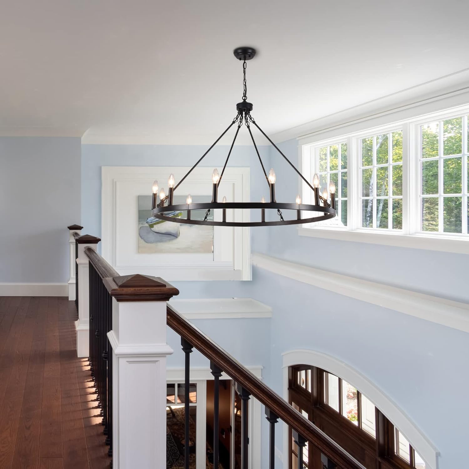 Black Metal 12-Light Candle Wagon Wheel Chandelier