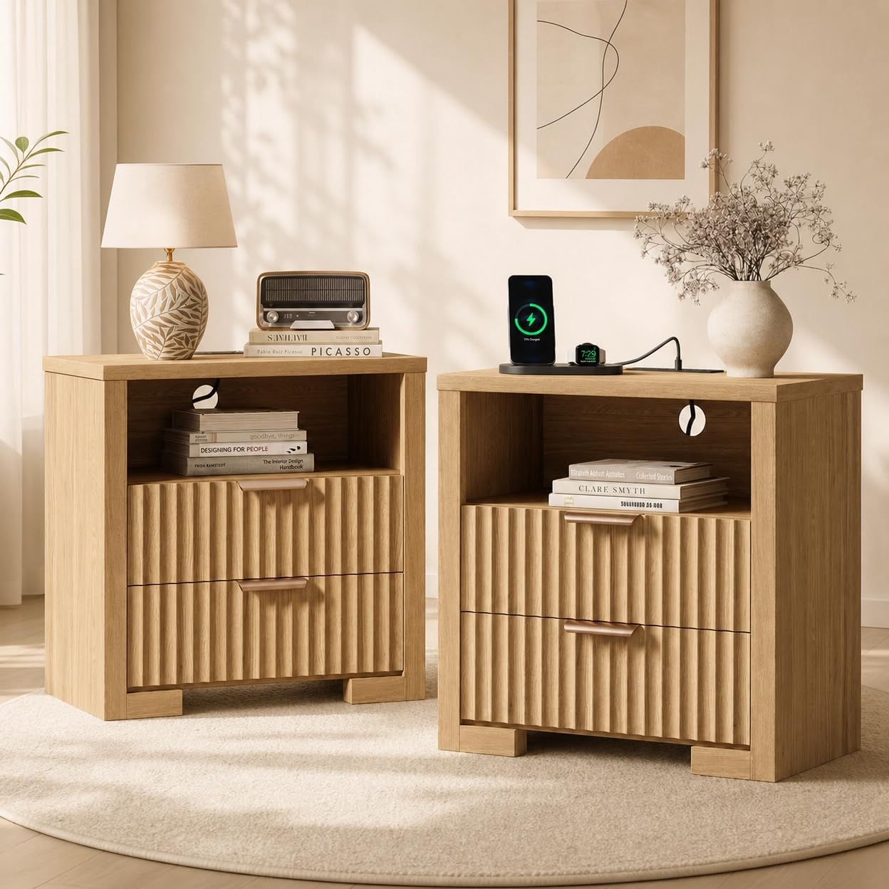 24" Fluted Night Stand Set of 2 with Charging Station, Wood Bedside Table with 2 Drawers and Open Shelf, Modern nightstand for Bedroom, Office, Natural Oak