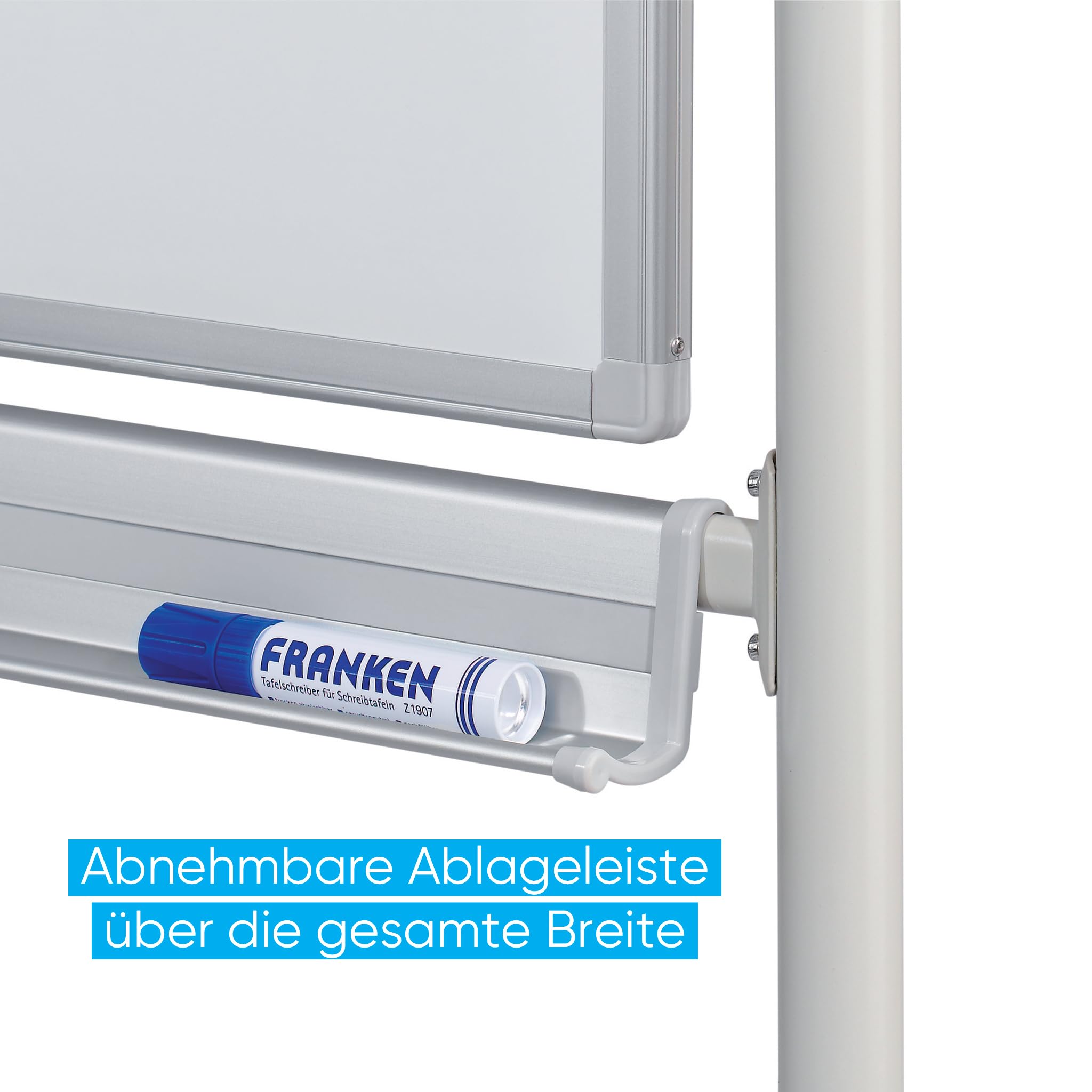 FRANKEN Mobiles Whiteboard, doppelseitig, lackiert, magnetisch, beschreibbar, trocken abwischbar, Whiteboard mit Ständer und Rollen, mit Metallgestell und schwenkbarem Rahmen, 150 x 100 cm, STC202