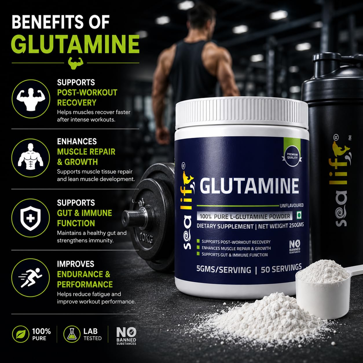 Sea Life 100% Pure L-Glutamine | Glutamine Powder, Amino Acid | Post Workout Supplement for Muscle Growth & Recovery - 250g, Unflavoured (50 Servings) For Men & Women. Pack of-1 — Amazon image 2