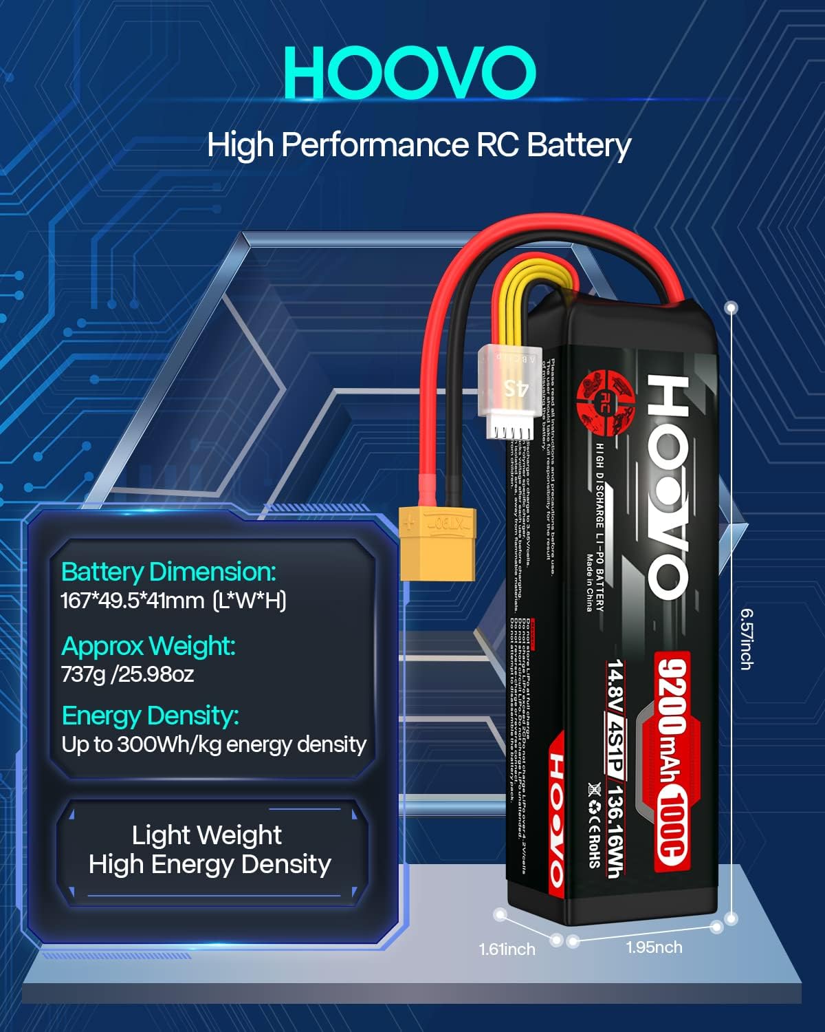 HOOVO 4S Lipo Battery 9200mAh 14.8V 100C with XT90 Plug Metal Plates Soft Case for RC Truck Truggy Buggy Tank RC Car Racing Hobby (2 Pack)