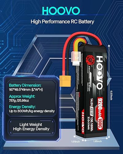 Miniatura 3 de HOOVO 4S Lipo - Batería 9200mAh 14.8V 100C con enchufe XT90, placas de metal, funda suave para RC Truck Truggy Buggy Tank RC Car Racing Hobby