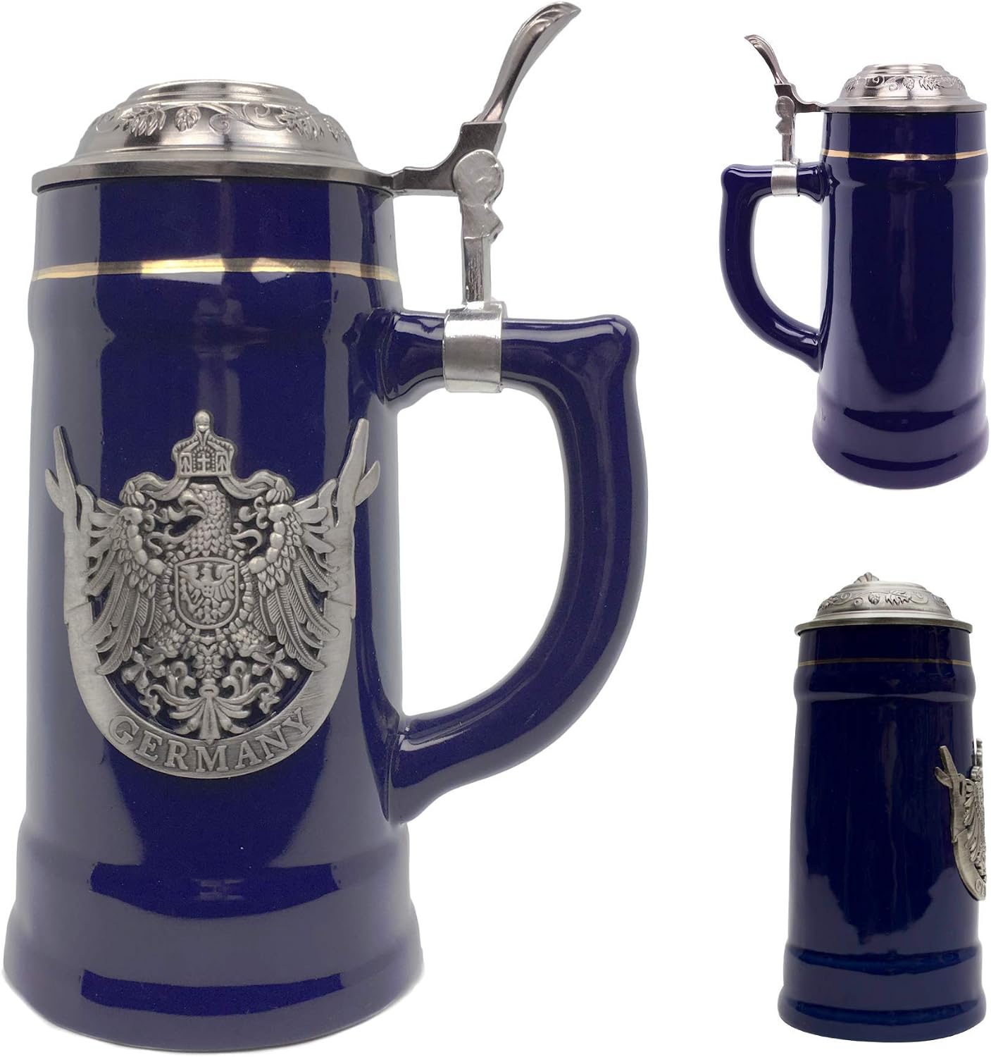 0.75 Liter | OktoberfestHaus Beer Lover Gift Beer Stein Tankard Medieval German Adler (Eagle) Coat Of Arms With Germany On Metal Emblem Bier Krug Cobalt Blue Ceramic Mug With Lid