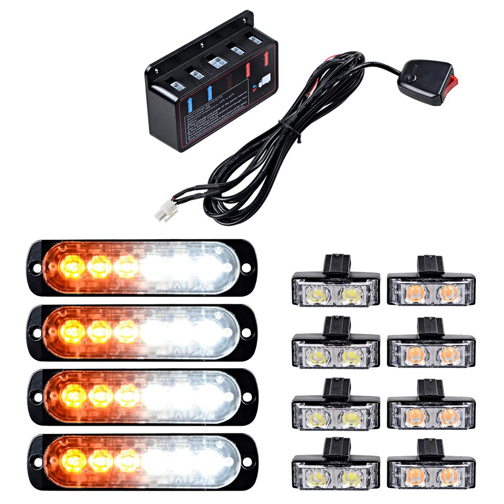 Set Amber White Ultra Slim 6-LED 18W Emergency Hazard Caution Surface Mount Strobe Light with 8pcs Car Truck Grille Deck Dash Flashing Light