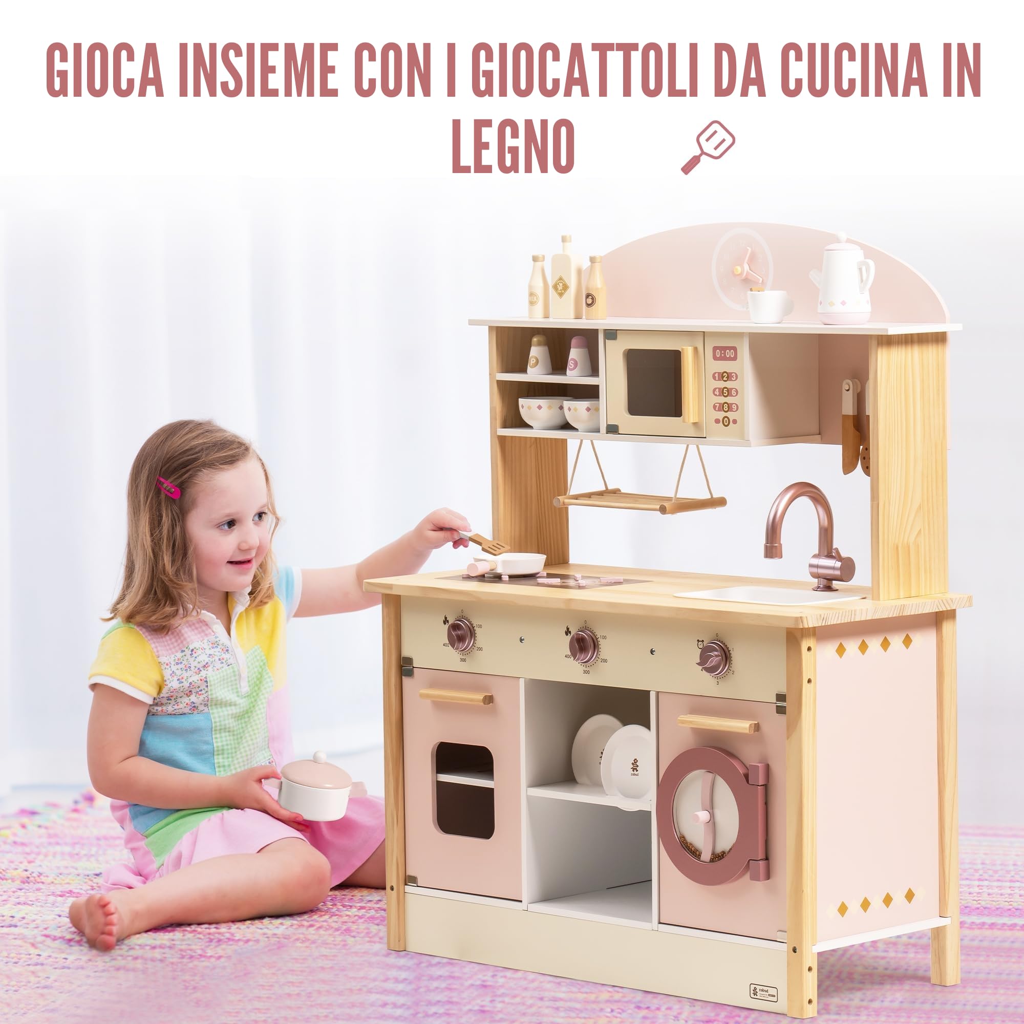 ROBUD Cucina in legno per bambini e bambine dai 3 anni in su, gioco di ruolo, set di accessori da cucina, rosa, grande