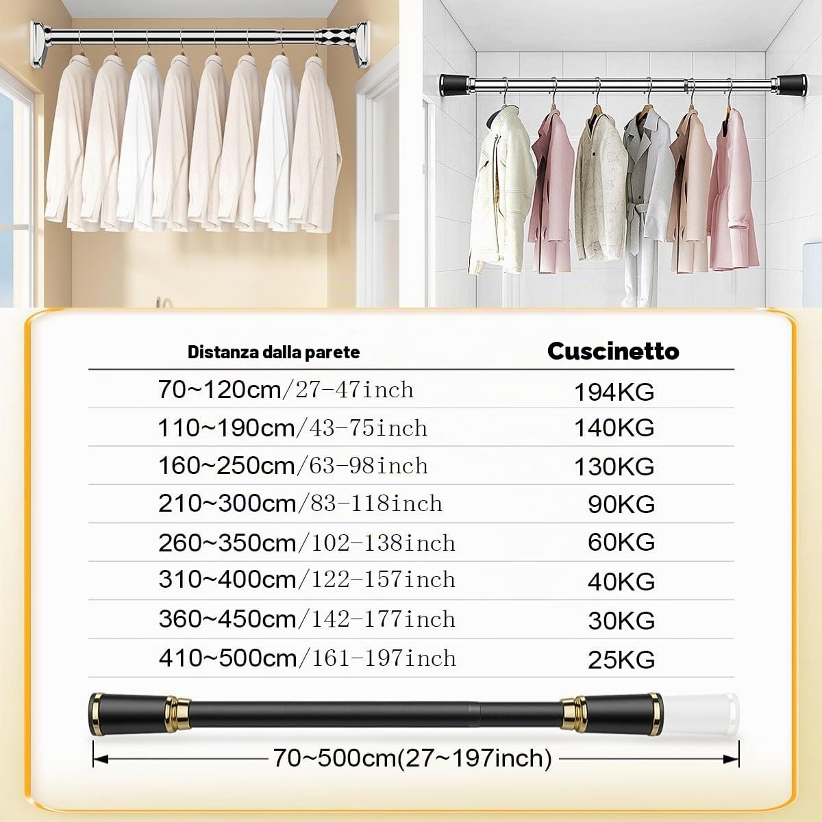 Bastone Tenda Estensibile, Asta Telescopica 40-500cm, Bastone Per Tenda, Per Balconi,spogliatoio, Armadio, Senza Forare, Asta Per Tenda Da Doccia (Color : Black, Size : 360-450cm/141-177in)