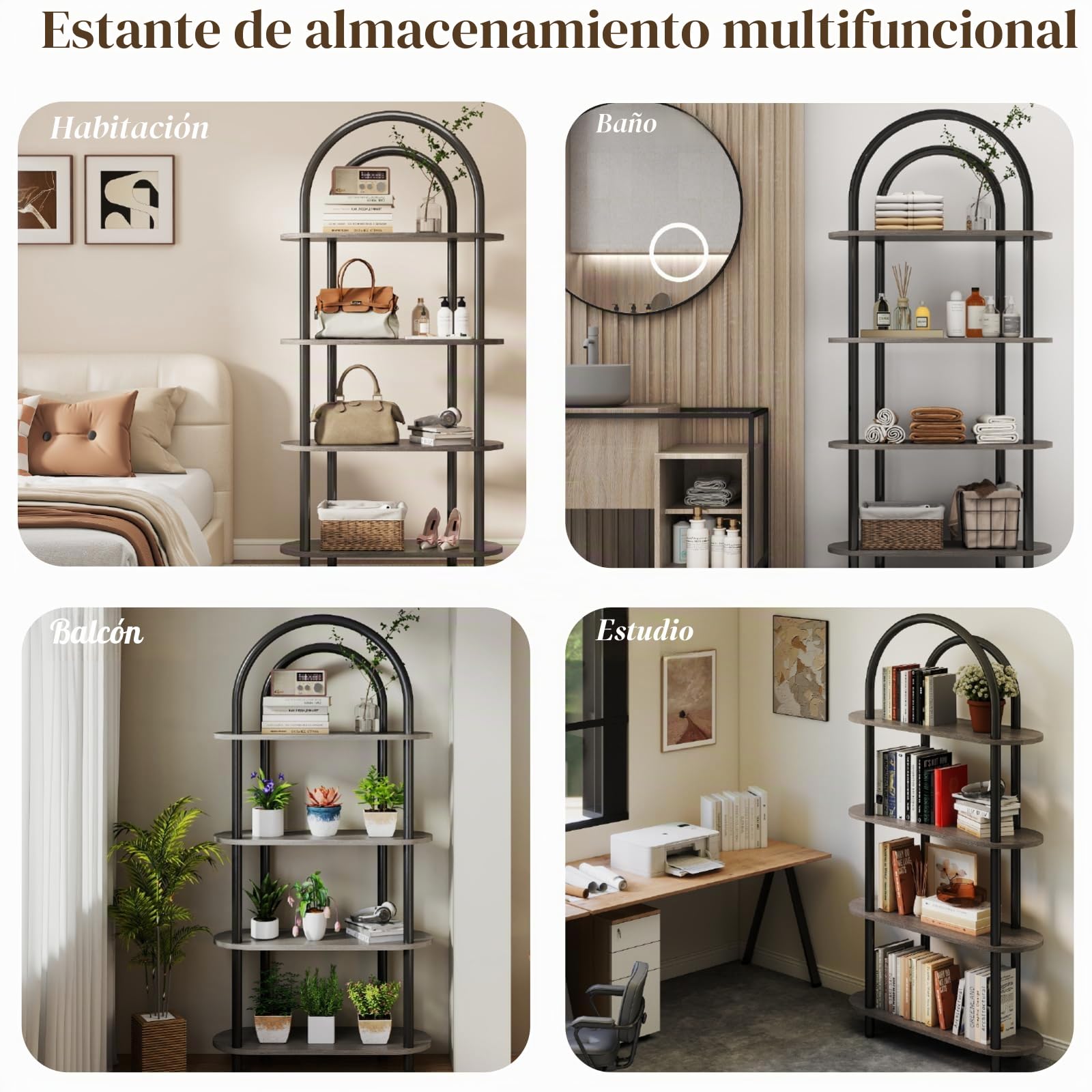 YOSHOOT Librería curva de 4 niveles con marco de metal y estantes de madera, 165,5 cm de alto, ideal para salón, estudio y oficina, 80 x 30 x 165,5 cm (roble gris)