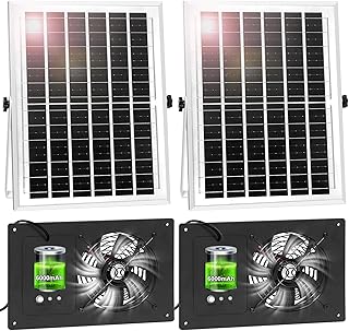 Solar Powered Fan with Battery Run Day/Night, 15W Solar Fan for Chicken Coop with 16.4Ft Cable,3/6H Timer, Waterproof Greenhouse Fans for Shed, Chicken Coop,Ventilation