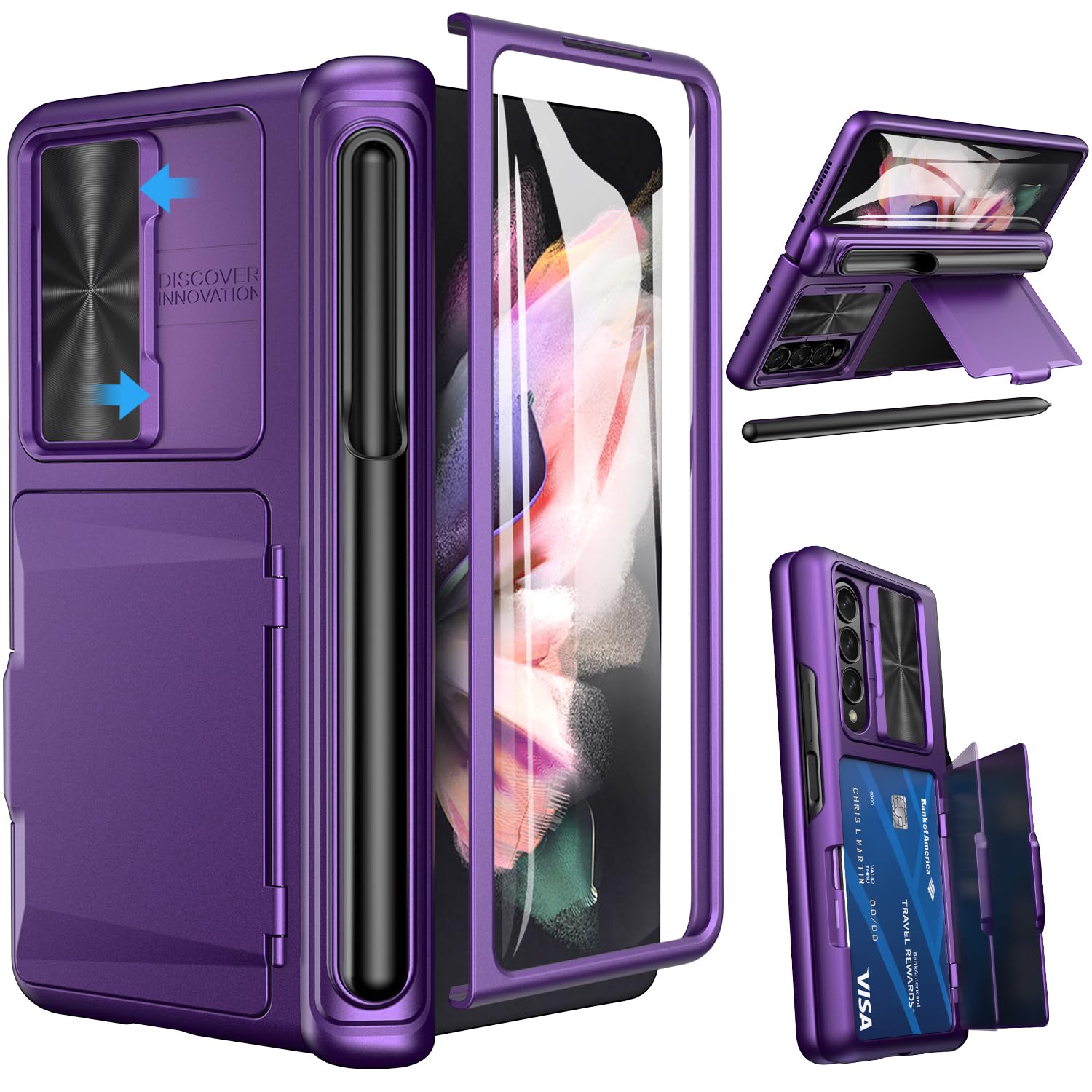 Viaotailyfor Samsung Galaxy Z Fold 3 Case with Card Holder & S Pen Holder & Slide Lens Cover, Built-in Hinge Protection & Screen Protector, Durable Sturdy Phone Cover for Galaxy Z Fold 3, Dark Purple