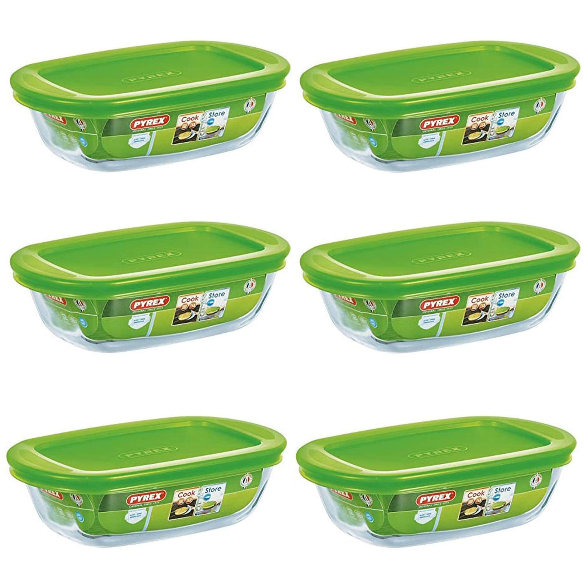 Pyrex Green Microwave Safe Classic Rectangular Glass Dish Vented Lid 0.35 Litre (Pack Of 6)