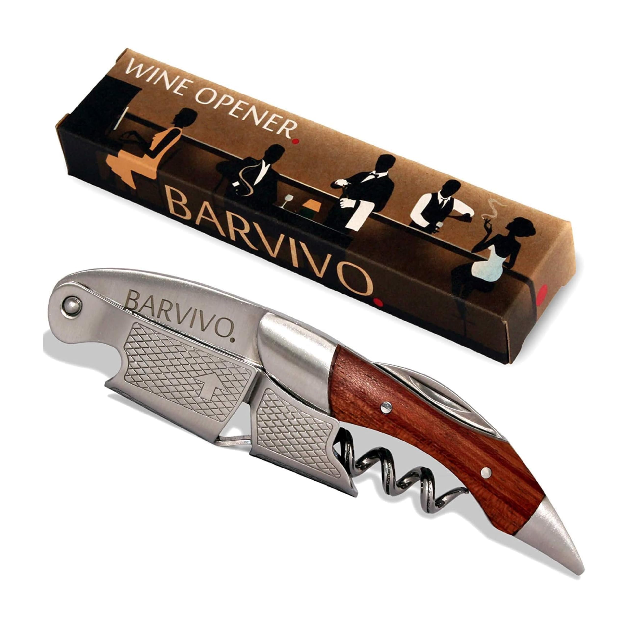 Barvivo Professional Waiters Corkscrew - This Wine Opener is Used to Open Beer and Wine Bottles by Waiters, Sommelier and Bartenders Around the World. Made of Stainless Steel and Natural Rosewood.