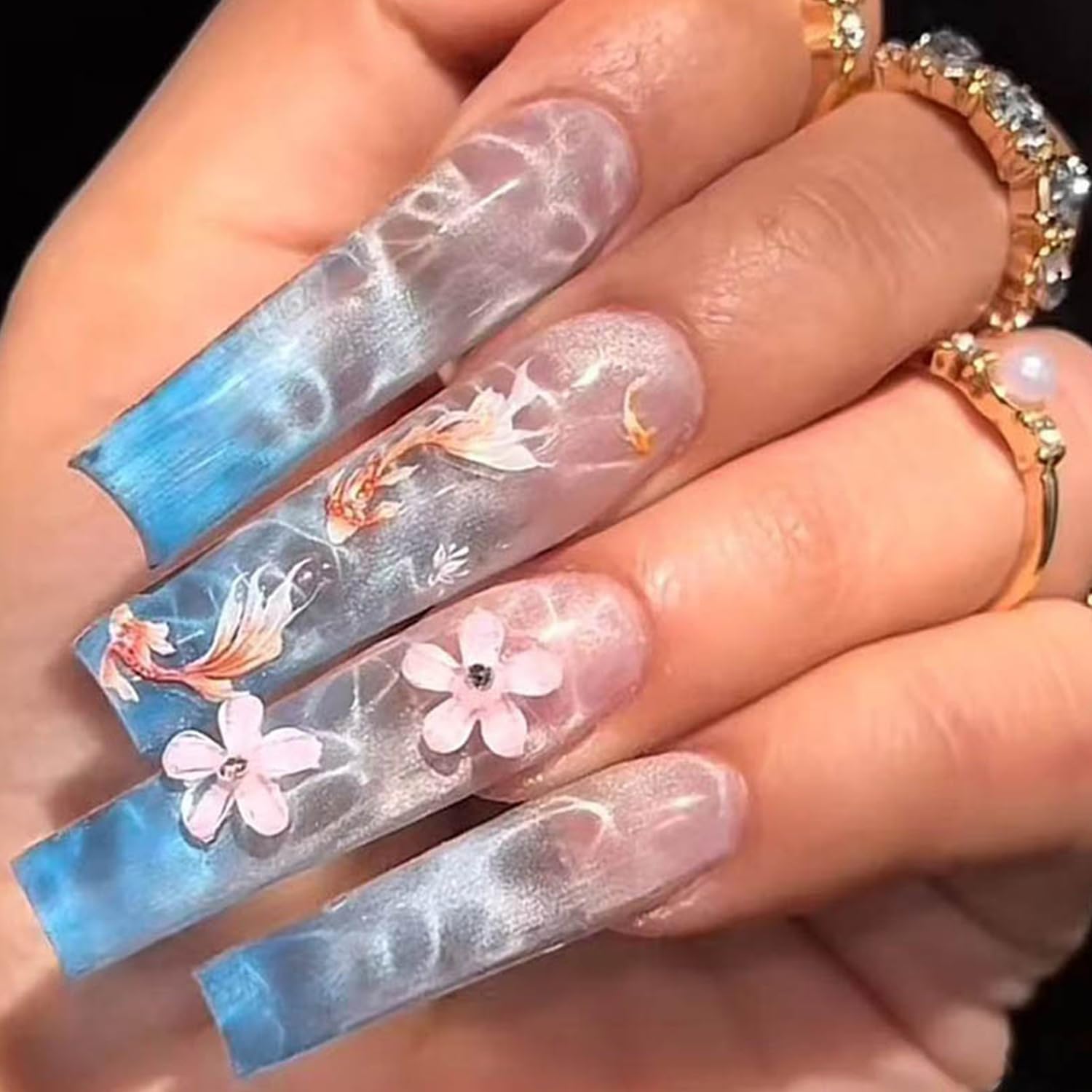 Extra Long French Tip Fake Nails - Summer Beach Design