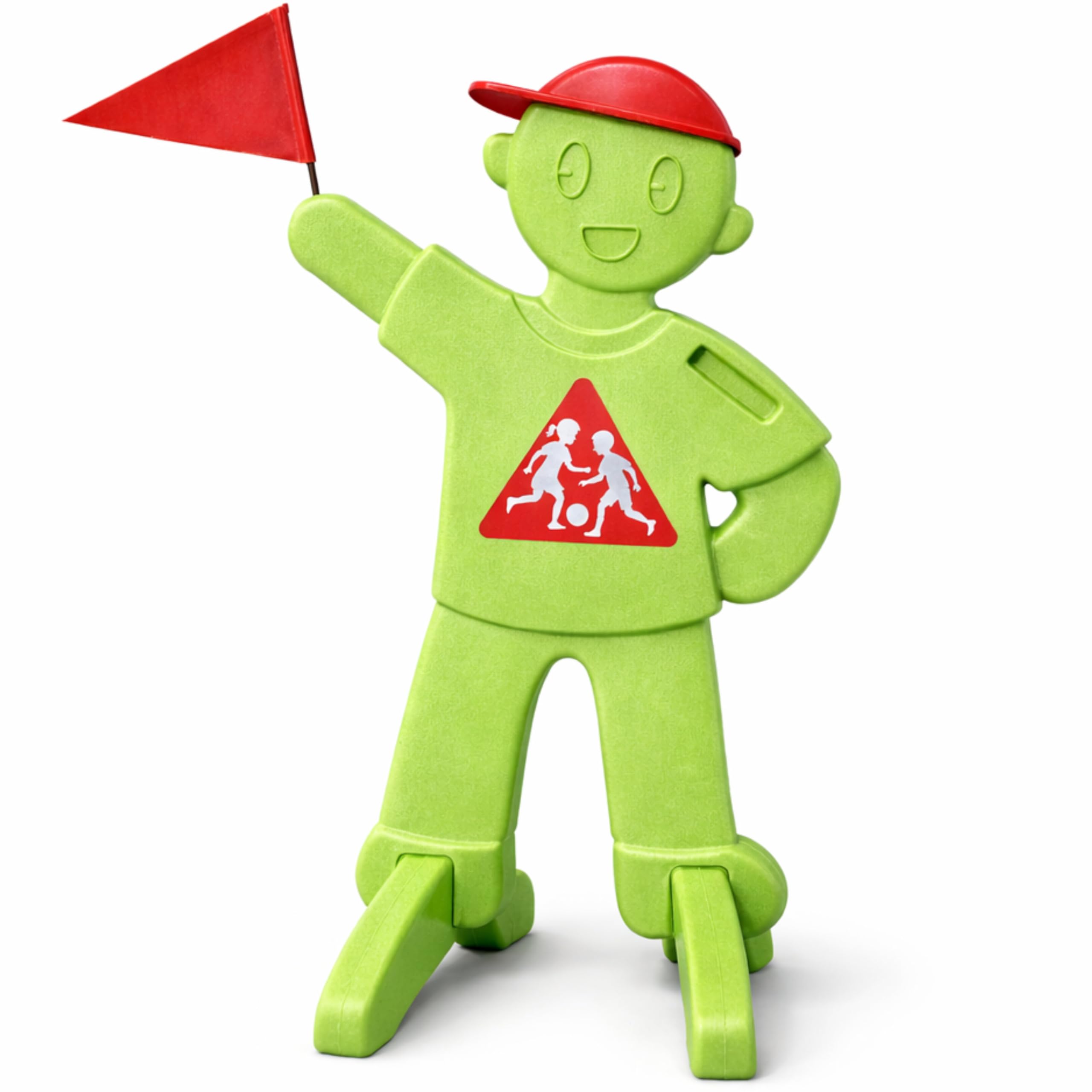 PlaySafe – Figura de advertencia para niños con bandera, señal de advertencia para niños que juegan, soporte reflectante para advertencia de tráfico, conducción lenta (verde)