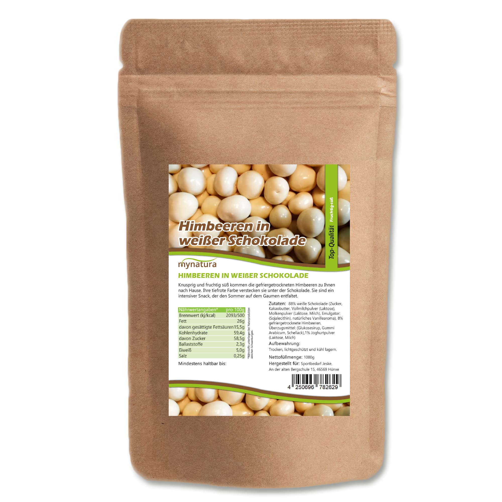 Mynatura Himbeeren, gefriergetrocknet, in weißer Schokolade I Himbeeren I umhüllt von Schokolade I Müsli I Snack I Raspberry I Süß I Beutel (1x 1000g)