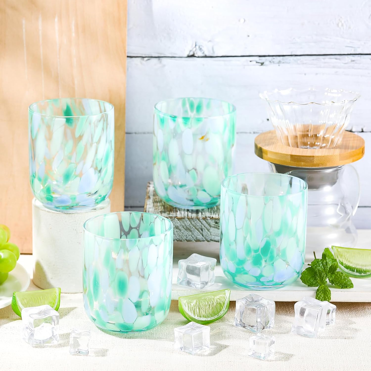 Jingmore 4 Pcs Turquoise Confetti Juice Glasses 12 oz Handcrafted Double Confetti Drinking Tumblers Old-fashioned Icon Drinking Glasses for Home Summer Party Supplies Gift
