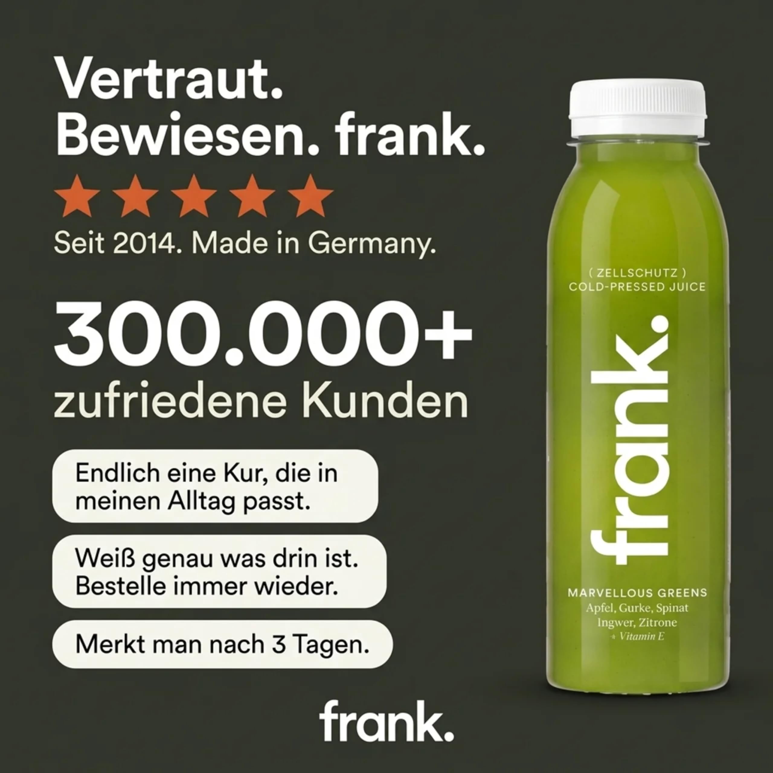 Frank Juice Saftkur 3 Tage | 18 x 330ml Säfte + 3 x 60ml Bio Ingwer shot | Direktsaft kaltgepresst Vegan | ideale Fastenkur aus frischem Obst & Gemüse | Premium Qualität (inkl. 4,50€ Einweg Pfand)