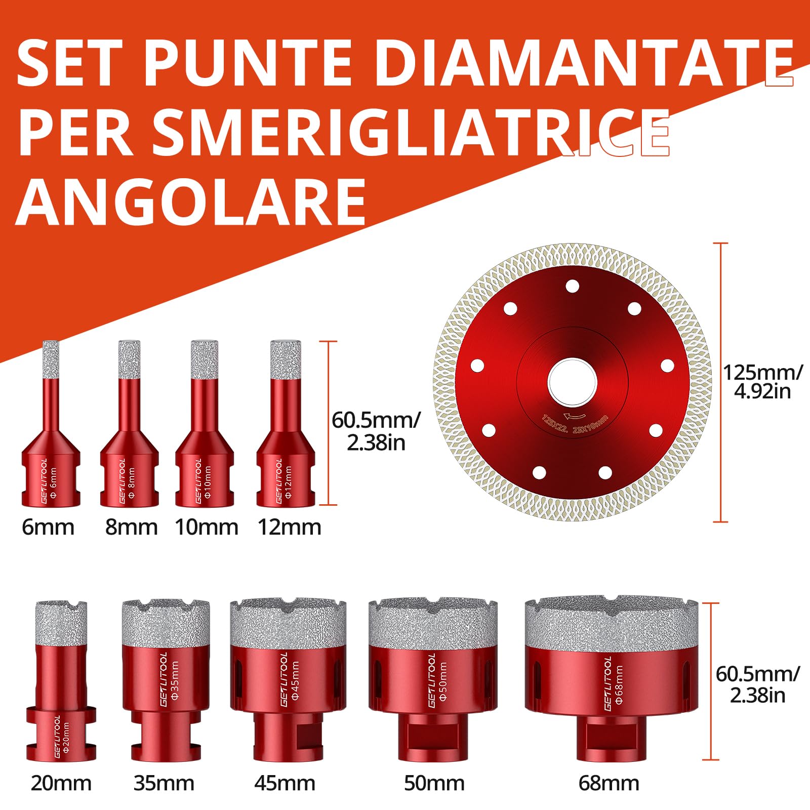 GETLITOOL Set Punte Diamantate 11 Pezzi per Smerigliatrice Angolare M14, Taglio Asciutto/Bagnato per Piastrelle, Marmo, Granito, con 9 Punte 6-68mm, 2 Dischi Diamantati 125mm e Valigetta in Alluminio