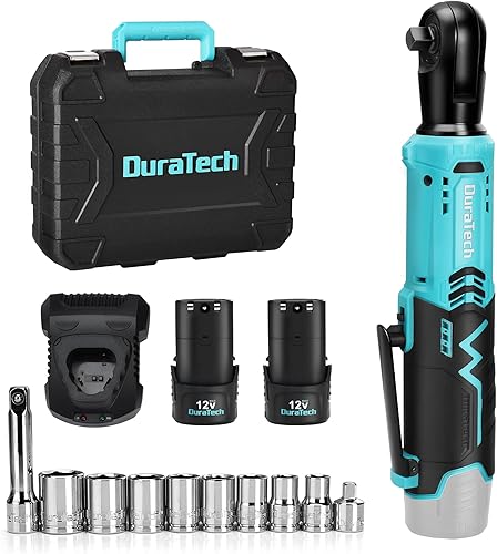 DURATECH Juego de llaves de trinquete eléctricas inalámbricas, 48 pies-libras, 38 pulgadas, 12 V, llave de trinquete eléctrica con 2 baterías de