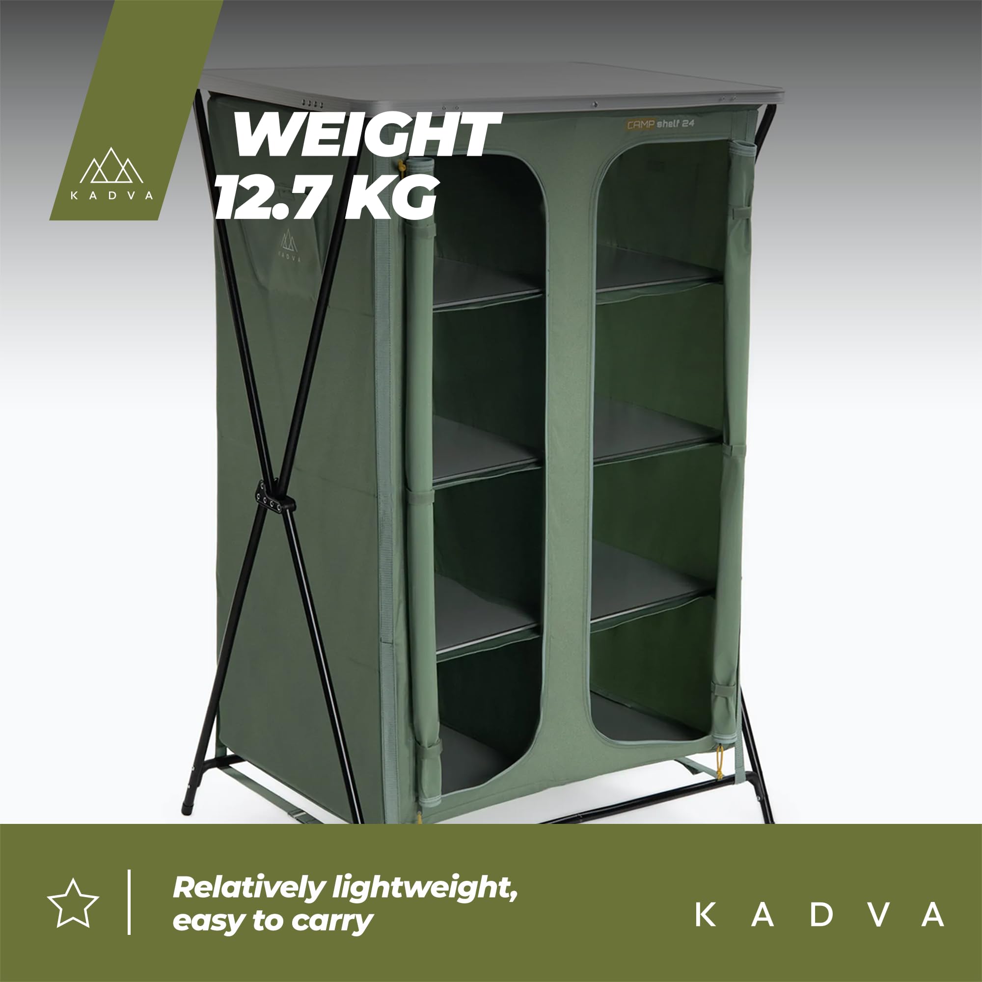 KADVA Camping Schrank CAMPShelf 24 Maße 66,5x90x139 cm Campingschrank aus strapazierfähigem Material Leichte und stabile Konstruktion Einfach aufzubauen und zu transportieren Farbe Grün