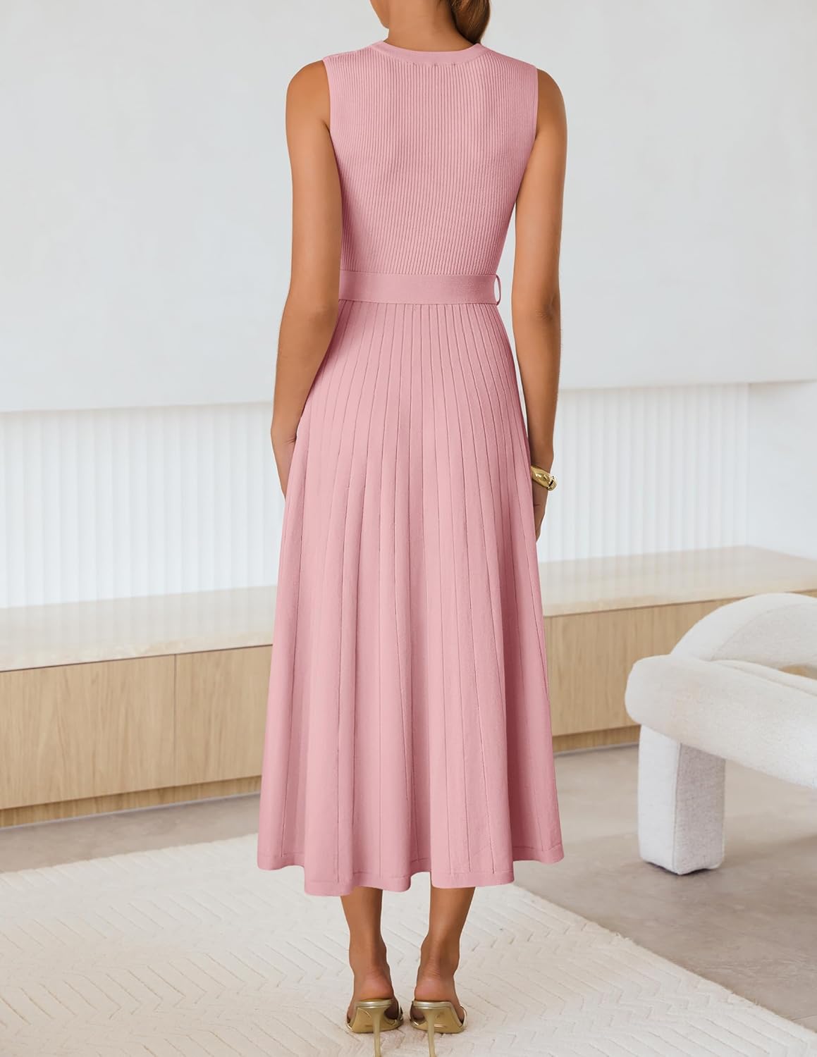 ZESICA Womens Spring Sleeveless Midi Sweater Dress 2026 Summer Casual Pleated A Line Flowy Knit Long Dresses with Belt - Image 5