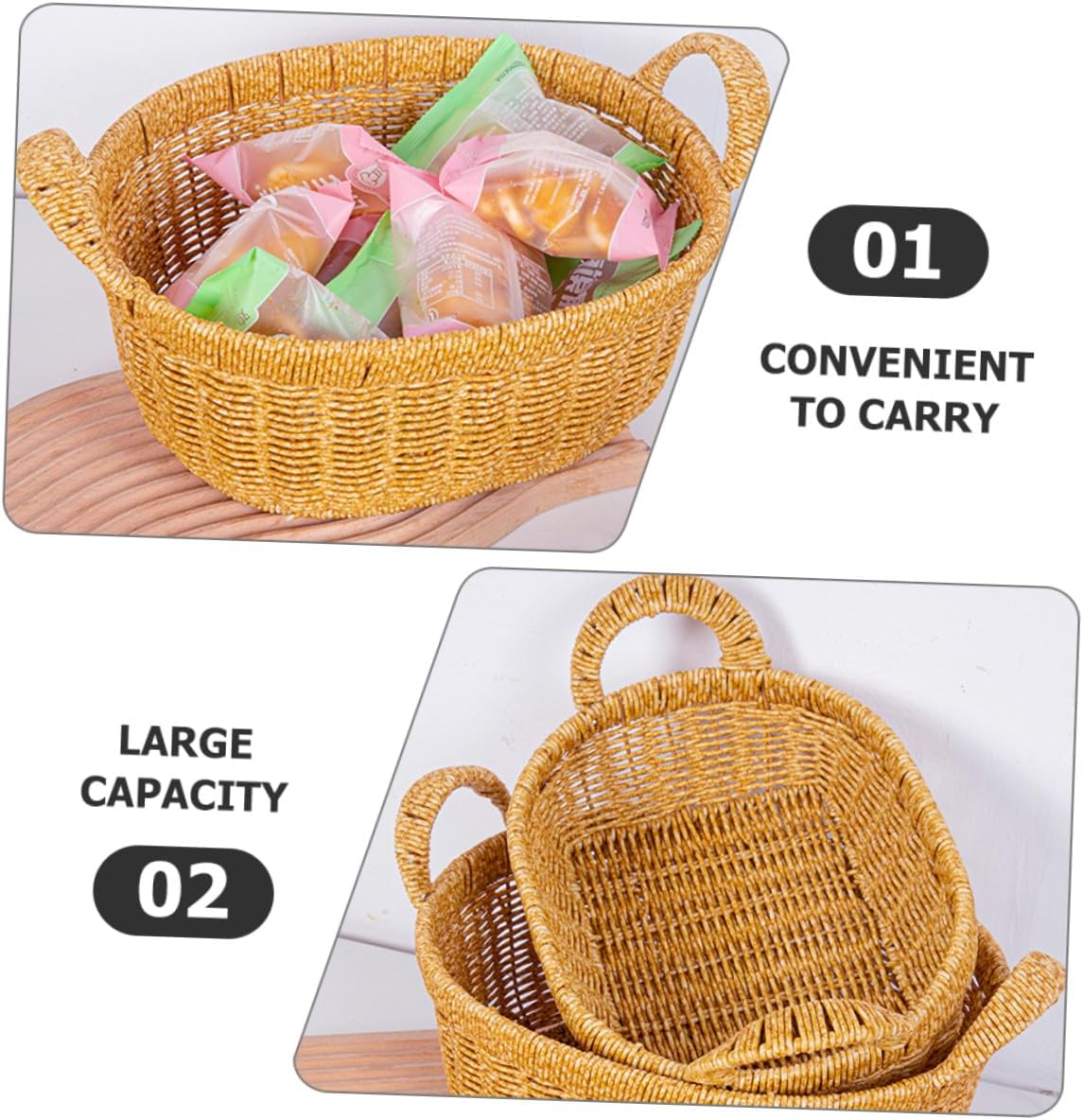 Large Oval Plastic Serving Basket with Handles, Imitation Rattan Woven Fruit and Bread Tray for Kitchen Storage and Outdoor Picnic Snacks Container, Light Coffee Color