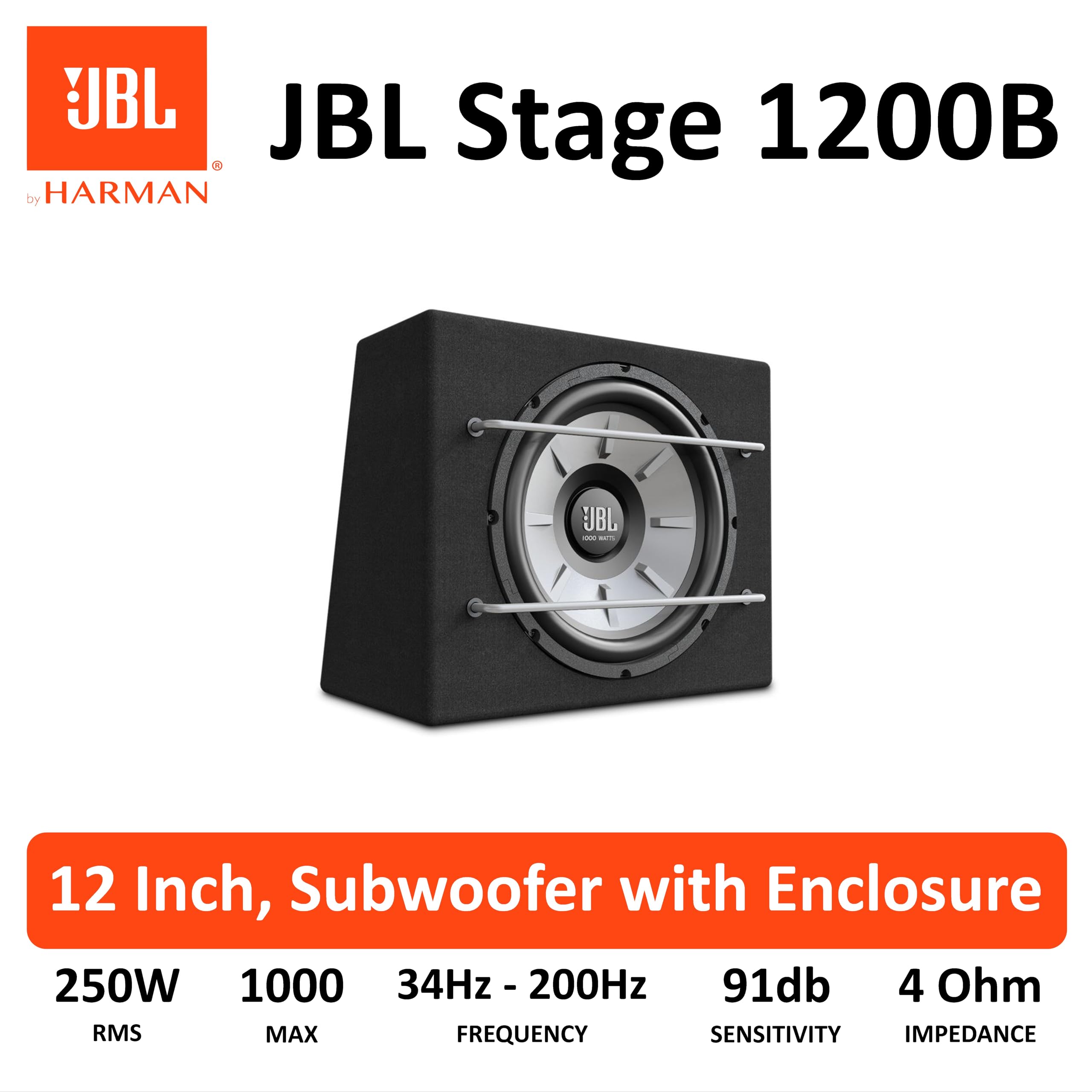 JBL Stage 1200B Subwoofer caisson de basse voiture - 1000 Watt Harman Kardon - 12'' (30cm) JBL Caisson clos compact avec subwoofer