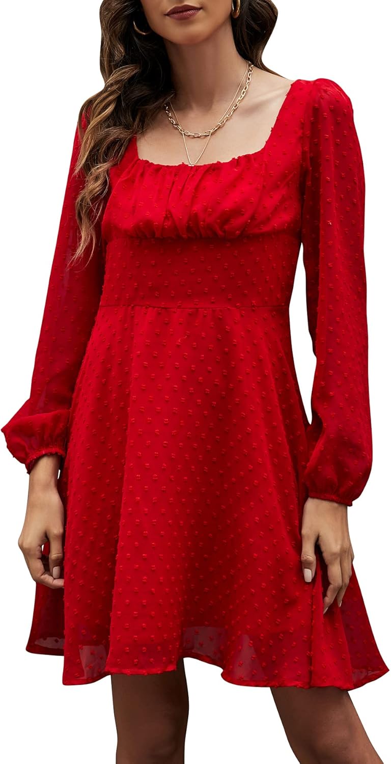 LYANER Women's Polka Dots Square Neck A line Long Sleeve Cute Swiss Dots Mini Dress Wine Red Medium