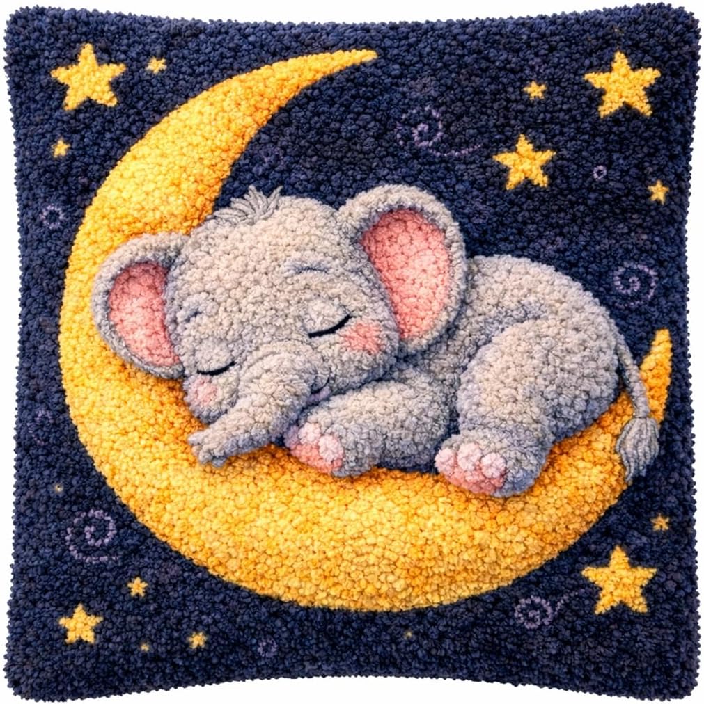YOOTOM Cute Elephant Latch Hook Kits for Adult, Cute Latch Hook Pillow Kits, Crochet Cross-Stitch Embroidery Cushion Making Crafts with with Printed Canvas 17"x17"