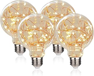 LED Globe Fairy Light Bulb,G80 E26 Warm White Edison Screw Night Lights, Flash Starry Decorative Copper Wire String Lights for Bedroom Living Room Festival ChristmasBedroom, Non-dimmable, 4 Pack