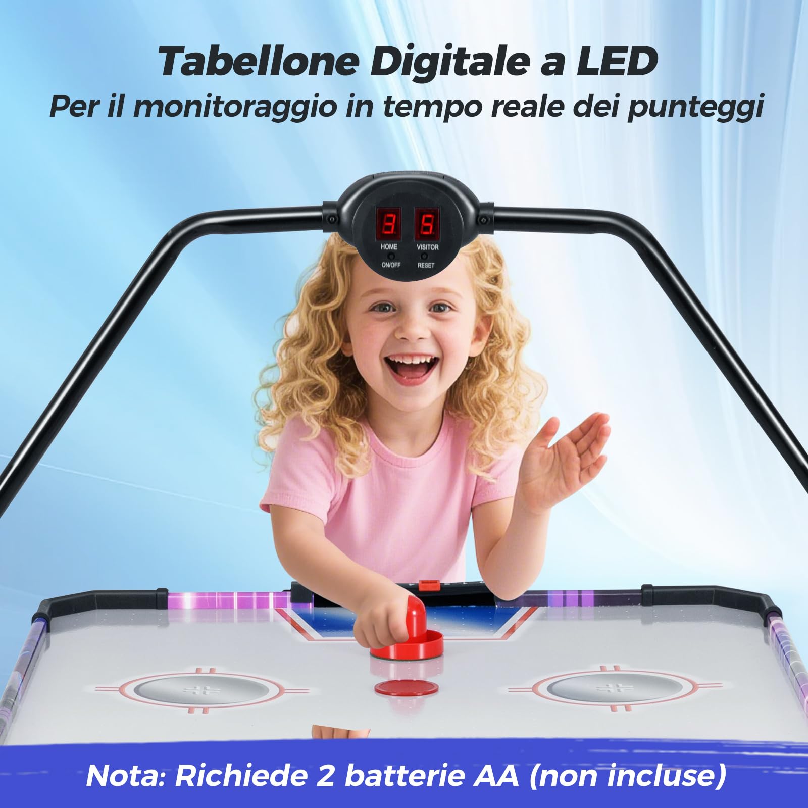 COSTWAY Tavolo Air Hockey, Tavolo da Gioco con Segnapunti Digitale LED 2 Spintori e 2 Dischi, 12V Potente Motore, per Casa Sala Giochi e Ufficio, 144 x 68 x 81 cm