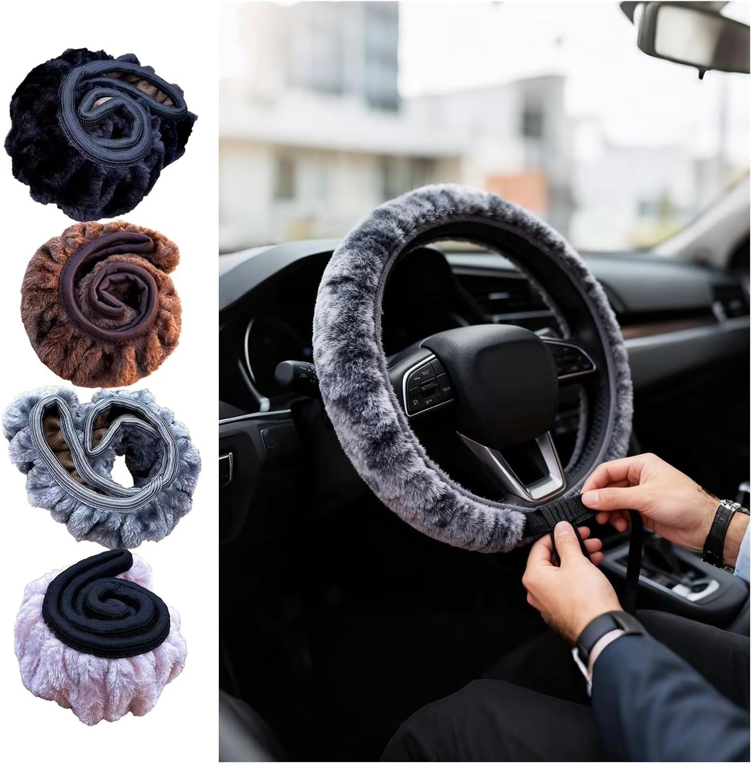 Car Steering Wheel Covers Car Steering Wheel Cover Winter Warm Anti-Slip Auto Interior Protector Decor Wheel Steering Protector(Beige)