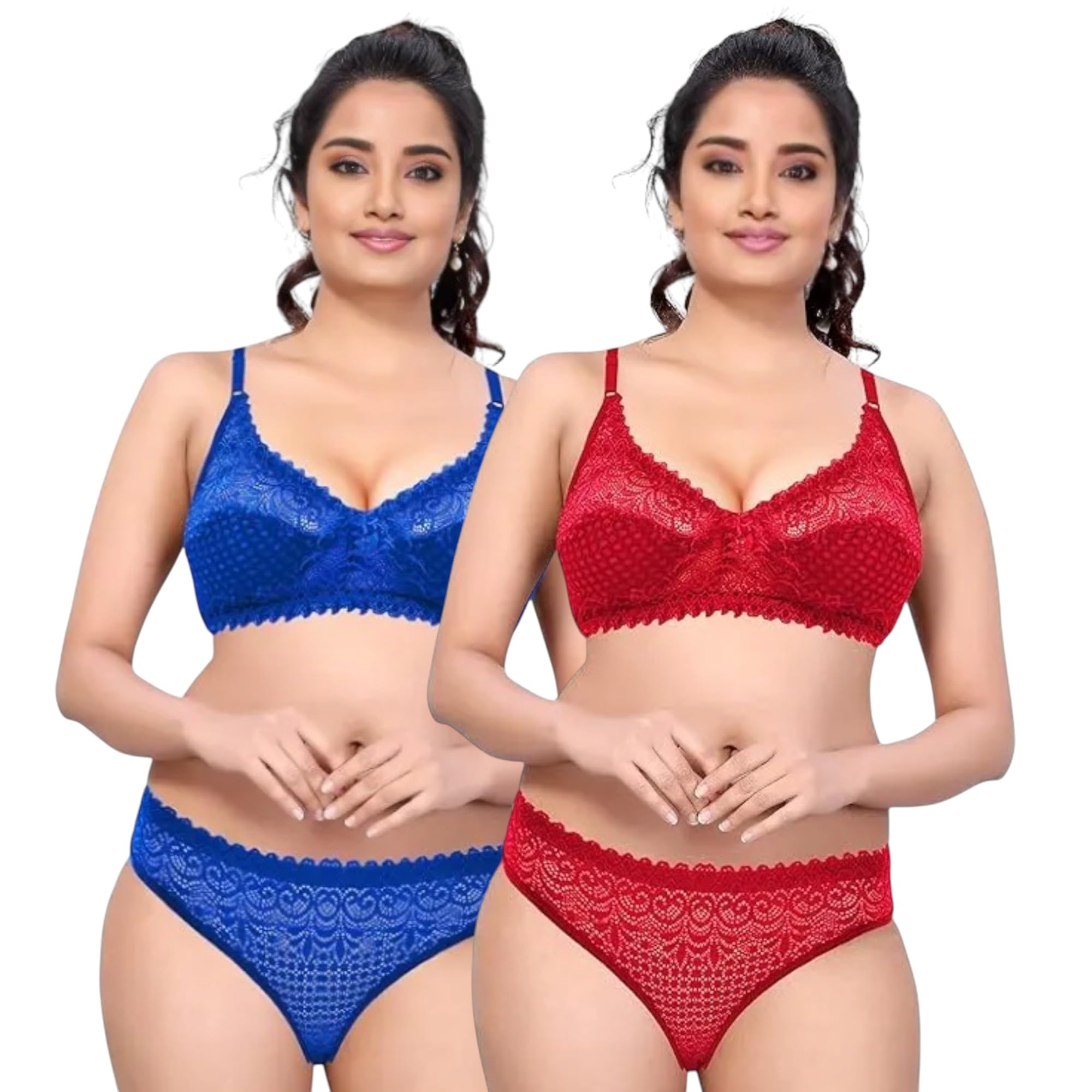 Non Padded Lace Bra Panty Set Pack of 2 | Women Wire-Free Comfort Lingerie | Soft Fabric | Daily & Bridal InnerWears-image-0