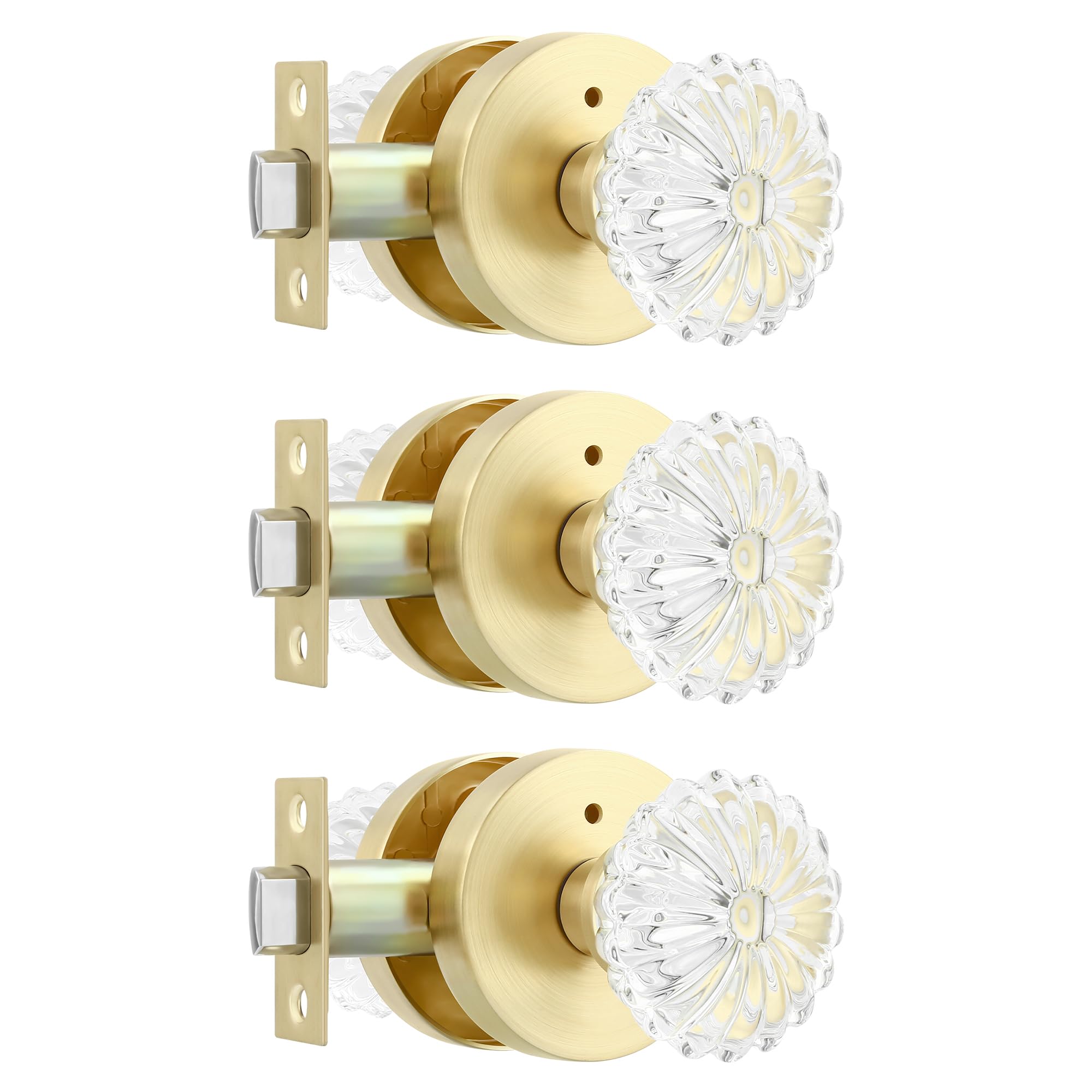 Leydebong Crystal Glass Door Knobs, Interior Privacy Door Knobs with Lock for Bedroom/Bathroom, Gold Heavy Duty Design, Satin Brass Finish, 3 Pack